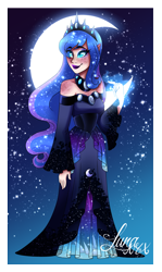 Size: 1640x2760 | Tagged: safe, artist:djspark3, princess luna, human, body freckles, clothes, crescent moon, dress, ethereal mane, female, freckles, galaxy mane, humanized, moon, smiling, solo, transparent moon