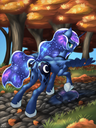 Size: 2400x3200 | Tagged: safe, artist:catdclassic, princess luna, alicorn, pony, autumn, butt, constellation, female, forest, leaves, looking at you, looking back, looking back at you, plot, rear view, reflection, solo, space, spill, spread wings, tree, wings