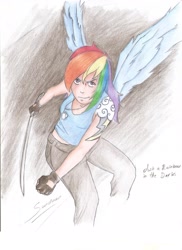 Size: 1700x2338 | Tagged: safe, artist:sundown, rainbow dash, human, humanized, solo, sword, weapon, winged humanization