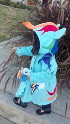 Size: 564x1000 | Tagged: safe, artist:teacupdinosaur, rainbow dash, human, clothes, cosplay, craft, custom, irl, irl human, jacket, photo, solo, target demographic