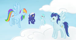 Size: 1024x543 | Tagged: safe, artist:smileydayz, rainbow dash, soarin', oc, pegasus, pony, colt, filly, male, shipping, soarindash, straight