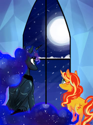 Size: 1280x1707 | Tagged: safe, artist:puffpink, princess luna, sunset shimmer, alicorn, pony, unicorn, duo, fanfic, fanfic art, fanfic cover, moon, snow