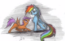 Size: 3204x2068 | Tagged: safe, artist:goina, rainbow dash, scootaloo, pegasus, pony, happy, smiling