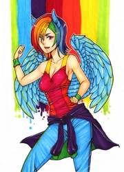 Size: 800x1109 | Tagged: safe, artist:samurainataku, rainbow dash, human, eared humanization, fangs, humanized, light skin, solo, winged humanization, wristband