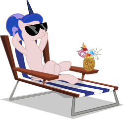 Size: 2162x2079 | Tagged: safe, artist:sonofaskywalker, edit, editor:slayerbvc, princess luna, alicorn, pony, between dark and dawn, beach chair, crazy straw, crossed legs, drink, female, furless, furless edit, hooves behind head, mare, nude edit, nudity, ponytail, relaxing, shaved, shaved tail, simple background, solo, sunglasses, transparent background, vector, vector edit