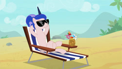 Size: 1920x1080 | Tagged: safe, artist:sonofaskywalker, edit, edited screencap, editor:slayerbvc, screencap, princess luna, alicorn, pony, between dark and dawn, alternate hairstyle, barehoof, beach, beach chair, crazy straw, crossed legs, drink, eyes closed, female, furless, furless edit, hooves behind head, mare, nude edit, nudity, ponytail, reclining, relaxing, shaved, shaved tail, solo, sunglasses, this will end in pain, we don't normally wear clothes