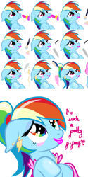 Size: 996x1999 | Tagged: source needed, useless source url, safe, rainbow dash, pegasus, pony, /mlp/, 4chan, alternate hairstyle, brainwashed, brainwashing, brush, clothes, contact lens, dress, dressup, earring, false eyelashes, hypno dash, hypnosis, jewelry, lipstick, makeover, makeup, mascara, nail file, necklace, offscreen character, piercing, polishing, ponytail, pouting, pretty, rainbow dash always dresses in style, solo, tomboy taming