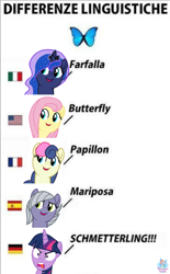 Size: 2106x3391 | Tagged: safe, artist:rainbow eevee, bon bon, fluttershy, limestone pie, princess luna, sweetie drops, twilight sparkle, twilight sparkle (alicorn), alicorn, butterfly, earth pony, pegasus, pony, american flag, angry, cute, differenze linguistiche, english, faic, female, foreign language, france, french, german, germany, italian, italy, lunabetes, meme, obligatory pony, ponified meme, rage, rage face, simple background, spain, spanish, twilight is not amused, unamused, united states, wat, white background