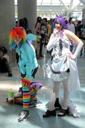 Size: 768x1152 | Tagged: artist needed, safe, artist:neko-no-danna, rainbow dash, rarity, human, anime expo, anime expo 2012, clothes, cosplay, evening gloves, fingerless gloves, gloves, irl, irl human, photo, rainbow socks, socks, striped socks