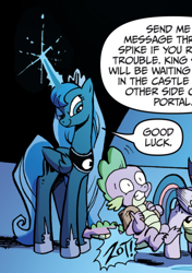 Size: 588x836 | Tagged: safe, artist:andypriceart, idw, princess luna, spike, twilight sparkle, twilight sparkle (alicorn), alicorn, dragon, pony, spoiler:comic, spoiler:comic18, female, male, mare, official comic, speech bubble, zot