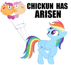 Size: 680x621 | Tagged: safe, rainbow dash, scootaloo, pegasus, pony, balloon, chickun, exploitable meme, flying, meme