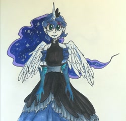 Size: 1728x1659 | Tagged: safe, artist:mkd, princess luna, human, clothes, dress, humanized, makeup, moon, simple background, smiling, solo, traditional art, wings