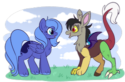 Size: 1000x660 | Tagged: safe, artist:lulubell, discord, princess luna, alicorn, draconequus, pony, blank flank, cloud, cute, discute, duo, duo male and female, female, filly, foal, freckles, grass, looking at each other, lunabetes, male, missing horn, open mouth, pegasus luna, s1 luna, simple background, smiling, standing, transparent background, unshorn fetlocks, woona, young discord, young luna, younger