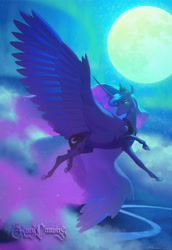 Size: 4000x5813 | Tagged: safe, artist:rocy canvas, princess luna, alicorn, pony, absurd resolution, female, flying, hoers, looking back, mare, moon, night, signature, solo, spread wings, wings