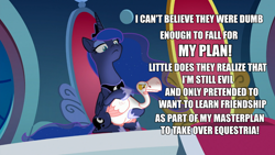 Size: 1382x777 | Tagged: safe, edit, edited screencap, screencap, princess luna, alicorn, goose, pony, sparkle's seven, caption, headcanon, image macro, luna petting goose, plot twist, text