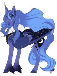 Size: 1200x1600 | Tagged: safe, artist:kriss348, princess luna, alicorn, pony, dappled, ethereal mane, ethereal tail, eye clipping through hair, folded wings, hood, peytral, redesign, signature, smiling, solo, unshorn fetlocks, windswept mane, wings