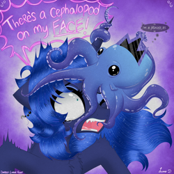 Size: 3000x3000 | Tagged: safe, artist:darkest-lunar-flower, princess luna, alicorn, octopus, pony, cthulhu, female, mare, screaming, sharp teeth, sparkles, teeth