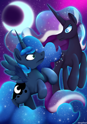 Size: 2480x3508 | Tagged: safe, artist:asinglepetal, nightmare rarity, princess luna, alicorn, pony, unicorn, ethereal mane, female, mare, moon