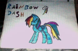Size: 640x426 | Tagged: safe, rainbow dash, pegasus, pony, blue coat, cutie mark, female, lined paper, mare, multicolored mane, solo, traditional art