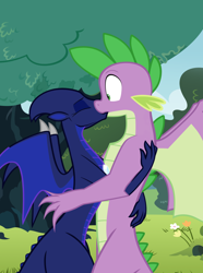 Size: 1024x1377 | Tagged: artist needed, source needed, safe, princess luna, spike, dragon, dragoness, dragonified, eyes closed, female, flower, kiss on the lips, kissing, lunadragon, male, older, older spike, shipping, species swap, spiluna, straight, tree, winged spike