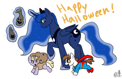 Size: 1008x648 | Tagged: safe, artist:moonstruck-badger, dinky hooves, pipsqueak, princess luna, alicorn, earth pony, pony, unicorn, clothes, costume, food, halloween, holiday, levitation, magic, muffin, nightmare night, superman, telekinesis