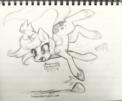 Size: 1280x1063 | Tagged: safe, artist:jopiter, princess luna, alicorn, pony, female, filly, grayscale, hoof shoes, lineart, monochrome, pencil drawing, simple background, solo, traditional art, tripping, white background