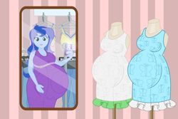 Size: 3600x2400 | Tagged: safe, artist:buttonbuster, artist:mintydrop2013, princess luna, vice principal luna, equestria girls, belly, big belly, breasts, cellphone, looking at you, mannequin, maternity dress, mirror, phone, pregluna, pregnant, pregnant equestria girls, selfie