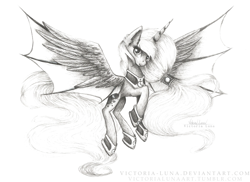 Size: 3507x2550 | Tagged: safe, artist:victoria-luna, princess luna, alicorn, pony, alternate design, bat wings, flying, hybrid wings, monochrome, ponytail, signature, smiling, solo, spread wings, traditional art, wings