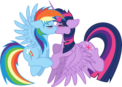 Size: 8000x5711 | Tagged: safe, artist:themoonraven, artist:xpesifeindx, rainbow dash, twilight sparkle, twilight sparkle (alicorn), alicorn, pegasus, pony, absurd resolution, blushing, cutie mark, female, flying, flying buddies, kissing, lesbian, mare, shipping, simple background, transparent background, twidash, vector, wings