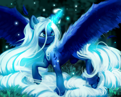 Size: 1920x1544 | Tagged: safe, alternate version, artist:thewickedvix, princess luna, alicorn, pony, alternate hair color, feather, female, glowing horn, horn, large wings, long hair, long horn, long tail, magic, mare, missing accessory, raised hoof, smiling, solo, spread wings, stray strand, white hair, white mane, wings