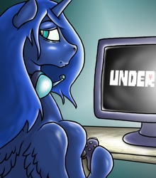 Size: 703x800 | Tagged: source needed, safe, artist:1ncell, princess luna, alicorn, pony, controller, gamer luna, headphones, joystick, undertale