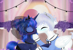 Size: 3982x2722 | Tagged: safe, artist:darkest-lunar-flower, princess luna, oc, oc:lux(pearle), alicorn, alien, pony, asexual, beach, bowtie, canon x oc, clothes, crown, dress, eclipse, female, flower, jewelry, kissing, lavender, male, marriage, ocean, regalia, shipping, sky, straight, sweat, tuxedo, veil, water, wedding dress