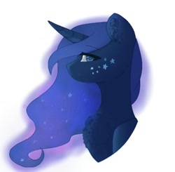 Size: 1485x1457 | Tagged: safe, artist:chibuuuowo, princess luna, alicorn, pony, beauty mark, bust, chest fluff, ear fluff, ethereal mane, eye clipping through hair, female, looking at you, mare, missing accessory, simple background, solo, starry mane, white background