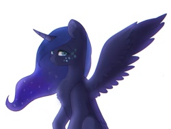 Size: 1501x1127 | Tagged: safe, artist:chibuuuowo, princess luna, alicorn, pony, beauty mark, chest fluff, curved horn, ear fluff, ethereal mane, female, frown, horn, looking at you, mare, missing accessory, one wing out, simple background, sitting, solo, starry mane, white background, wings