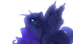 Size: 1024x621 | Tagged: safe, artist:chibuuuowo, princess luna, alicorn, pony, beauty mark, curved horn, ethereal mane, female, galaxy mane, horn, looking up, mare, missing accessory, missing cutie mark, simple background, solo, spread wings, starry mane, white background, wings