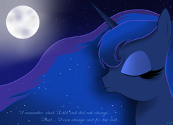 Size: 2338x1700 | Tagged: safe, artist:victoria-luna, princess luna, alicorn, pony, eyes closed, flowing mane, moon, sad, smiling, text