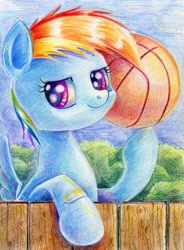 Size: 700x951 | Tagged: safe, artist:maytee, rainbow dash, pegasus, pony, ball, basketball, filly, filly rainbow dash, solo, traditional art, younger