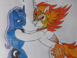 Size: 4128x3096 | Tagged: safe, artist:juani236, daybreaker, princess luna, alicorn, pony, duo, duo female, female, graph paper, holding a pony, traditional art