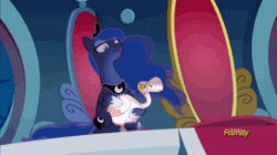 Size: 498x278 | Tagged: safe, screencap, princess luna, alicorn, bird, goose, pony, sparkle's seven, animated, animation error, discovery family logo, female, flowing mane, looking at you, luna is not amused, luna petting goose, mare, petting, throne, throne room, unamused