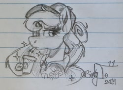 Size: 2144x1571 | Tagged: safe, artist:binkyt11, princess luna, alicorn, pony, alternate hairstyle, bendy straw, bust, casual, drink, drinking straw, female, hat, lined paper, mare, messy mane, missing horn, monochrome, raised eyebrow, solo, traditional art, unamused