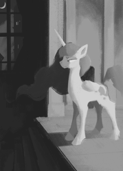 Size: 1000x1400 | Tagged: safe, artist:mazzianz, princess luna, alicorn, pony, crescent moon, cutie mark, female, frown, grayscale, lidded eyes, mare, missing accessory, monochrome, moon, palace, solo, stairs, window