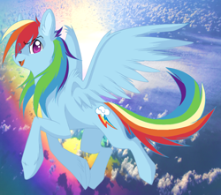 Size: 850x750 | Tagged: safe, artist:tobykitten, rainbow dash, pegasus, pony, ear fluff, female, hair over one eye, looking at you, mare, open mouth, smiling, solo, spread wings, wings