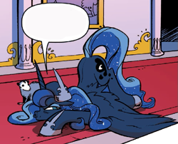 Size: 639x516 | Tagged: safe, artist:andypriceart, edit, idw, princess luna, tiberius, alicorn, opossum, pony, spoiler:comicm10, butt, canterlot castle, carpet, column, comic, face down ass up, female, floppy ears, grumpy, hallway, looking back, mare, picture, picture frame, plot, speech bubble, spread wings, wings