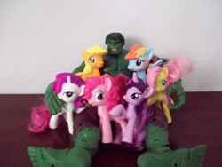 Size: 1600x1200 | Tagged: safe, derpibooru import, applejack, fluttershy, pinkie pie, rainbow dash, rarity, twilight sparkle, irl, mcdonald's happy meal toys, photo, the incredible hulk, toy