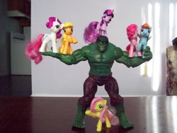 Size: 1600x1200 | Tagged: safe, derpibooru import, applejack, fluttershy, pinkie pie, rainbow dash, rarity, twilight sparkle, irl, mcdonald's happy meal toys, photo, the incredible hulk, toy