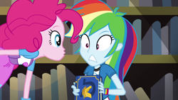 Size: 1280x720 | Tagged: safe, derpibooru import, screencap, pinkie pie, rainbow dash, equestria girls, friendship games, book, bookshelf