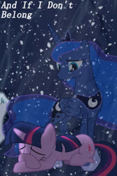 Size: 256x384 | Tagged: artist needed, safe, princess luna, twilight sparkle, unicorn twilight, alicorn, pony, unicorn, crown, crying, female, jewelry, lying down, mare, never too late, regalia, sad, snow, song reference, three days grace