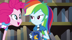 Size: 1280x720 | Tagged: safe, derpibooru import, screencap, pinkie pie, rainbow dash, equestria girls, friendship games, book, bookshelf