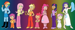 Size: 1280x507 | Tagged: safe, artist:colorsplasharts, derpibooru import, apple bloom, applejack, fluttershy, pinkie pie, rainbow dash, rarity, scootaloo, sweetie belle, twilight sparkle, bird, book, butch hartman, humanized, style emulation