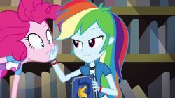 Size: 1280x720 | Tagged: safe, derpibooru import, screencap, pinkie pie, rainbow dash, equestria girls, friendship games, book, bookshelf